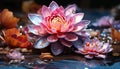 Lotus flower, pink petals, water reflection, tranquility generated by AI Royalty Free Stock Photo