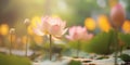 Lotus flower plants in garden pond with blurred background. Generative AI Royalty Free Stock Photo