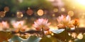 Lotus flower plants in garden pond with blurred background. Generative AI Royalty Free Stock Photo