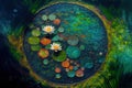 Lotus Flower In Pond From Above Fine Art. Water Lily On Dark Paint Canvas Texture Top View Wallpaper. Japanese Zen Garden