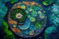 Lotus flower in pond from above fine art. Water lily on dark paint canvas texture top view wallpaper. Japanese zen garden