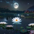 lotus flower in the pond at night with full moon and star Generative AI Royalty Free Stock Photo