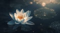 Lotus flower shines in twilight hues, with light particles floating around, creating a serene and mystical ambiance