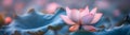 Lotus flower with soft pink petals unfurls above the blue-tinged leaves, in a serene and dreamlike aquatic setting