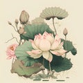 Lotus flower vector illustration in retro style. Hand drawn water lily and leaves. Royalty Free Stock Photo