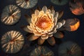Lotus flower or waterlily on the lake at sunset seen from above