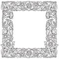 Lotus flowers arranged in intricate square frame. Popular decorative motif in South-Eastern Asia. Tattoo design. Linear Royalty Free Stock Photo