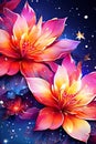 Lotus flowers floating in starry sky. Creating peaceful, enchanting scene that symbolizes purity. For interior design