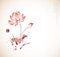 Lotus Flowers Hand Drawn With Ink In Vintage Style. Traditional Oriental Ink Painting Sumi-e, U-sin, Go-hua. Translation