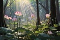 lotus flowers illuminated by soft sunlight through trees