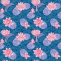 Lotus flowers and leaves and curly water waves, seamless pattern design, hand painted watercolor on blue background Royalty Free Stock Photo