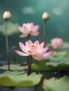 Lotus flowers in macro focus on calm water background. Generate AI