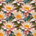 Lotus flowers seamless pattern design. Water lilies floral nature decorative vintage background. Royalty Free Stock Photo