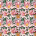 Lotus flowers seamless pattern design. Water lilies floral nature decorative vintage background. Royalty Free Stock Photo