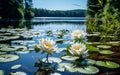 lotus flowers on water lily on lake ,water reflection , trees in forest ,wild lotus on sunset sky on sea