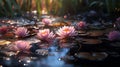 lotus flowers on water lily on lake ,water reflection , trees in forest ,wild lotus on sunset sky on sea