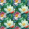 Lotus flowers watercolor seamless pattern design. Water lilies floral nature decorative vintage background. Royalty Free Stock Photo