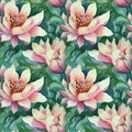 Lotus flowers watercolor seamless pattern design. Water lilies floral nature decorative vintage background. Royalty Free Stock Photo