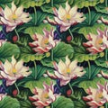 Lotus flowers watercolor seamless pattern design. Water lilies floral nature decorative vintage background. Royalty Free Stock Photo