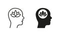Lotus in Human Brain Wellbeing Concept Silhouette and Line Icon Set. Peace, Mental Healthy Wellness Pictogram