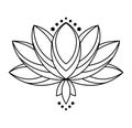 Lotus icon. Monochrome blooming flower. Black linear petals of plant on white background. Blossom, aquatic plant vector Royalty Free Stock Photo
