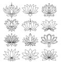 Lotus icons set. Blooming flowers. Monochrome blooming plants, various petals black and white symbols. Blossom, aquatic Royalty Free Stock Photo