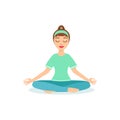 Lotus PAdmasana Yoga Pose Demonstrated By The Girl Cartoon Yogi With Ponytail In Blue Sportive Clothing Vector