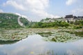 Lotus pond before ancient stone fortress,Qingyan town