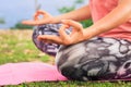 Yoga lifestyle. Close up gyan mudra. Lotus pose. Young woman meditating, practicing yoga and pranayama with gyan mudra. Bali Royalty Free Stock Photo