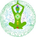 Yoga pose and chakras green mandala