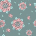 Lotus Seamless Pattern Flower In Vintage Style. Soft And Pastel Color. Coral And Pink Lotos Lotus On Color Background.