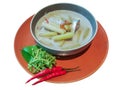 Lotus stem with steamed mackerel in coconut curry.