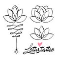 Lotus tattoo design lines shape , vector illustration flower indian boho etnic ornate design lotus flower doodle sketch , black li