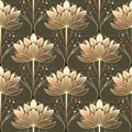 Lotus. Vintage art nouveau floral seamless pattern. Vector old style background. Golden vintage lutus flowers, leaves, swirls, Royalty Free Stock Photo