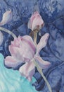 The lotuses. Batik. Decorative composition of flowers, leaves, buds. Use printed materials, signs, items, websites, maps, posters,