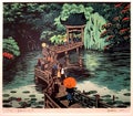 Lou lim Ieoc Garden Outdoor Xue Yihan Printmaking Macao Splendour Woodblock Print Nature Pagoda Bridge Lotus Pond Suzhou Style