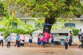 LOUANGPHABANG, LAOS - JANUARY 11, 2017: Children in the school yard. Copy space for text.