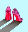 Louboutin shoes woman glamour with rose foot on plate on blue background. flat shoes design.