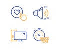 Loud sound, Computer and Like button icons set. Quick tips sign. Music, Pc component, Press love. Vector