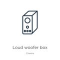 Loud woofer box icon. Thin linear loud woofer box outline icon isolated on white background from cinema collection. Line vector Royalty Free Stock Photo