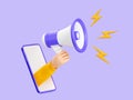 Loudspeaker 3d render - human hand holding megaphone with lightnings for announcement or advertising message. Royalty Free Stock Photo