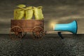 A loudspeaker dragging a farm cart of gold money coin stack on asphalt in a sunset day. Promote your campaigns or refer a friend