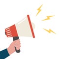 Loudspeaker. Hand with megaphone. Attention or refer a friend concept. Promotion flat cartoon template