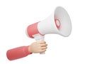 loudspeaker - human hand holding pink and white megaphone for text for announcement or advertising message. Royalty Free Stock Photo