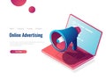 Loudspeaker isometric icon, online internet advertising and promotion, smm Social Media Marketing,