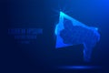 Loudspeaker or megaphone on a blue abstract background. Low poly wireframe digital banner. Linear and polygonal concept.