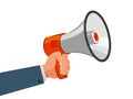 Loudspeaker or megaphone in hand. Advertising, marketing, announce, promotion concept. Cartoon vector illustration