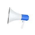 loudspeaker or megaphone horn white and blue megafon is a simulated notification speaker icon. 3D illustration rendering -