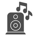 Loudspeaker solid icon. Party audio speaker with music notes. Birthday Celebration vector design concept, glyph style Royalty Free Stock Photo