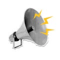 Loudspeaker torn out paper sticker for collage. Retro megaphone with yellow lightnings. Vector halftone illustration